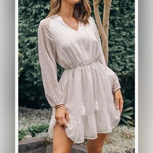 CUPSHE Women White Beach Ruffle Lace Up Dress Long Sleeve V-Neck Mini Dress